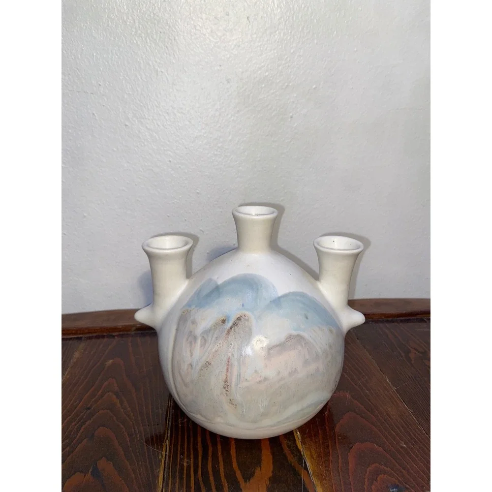 Signed Studio Pottery Triple Spout Bud Vase White Blue Abstract Glaze KS Artist